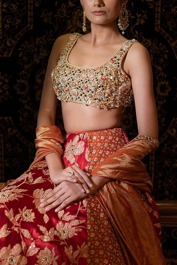 Red & Rust Gajji Silk Sequins Embellished Wedding Lehenga Set by VANA ETHNICS at Pernia's Pop Up Shop