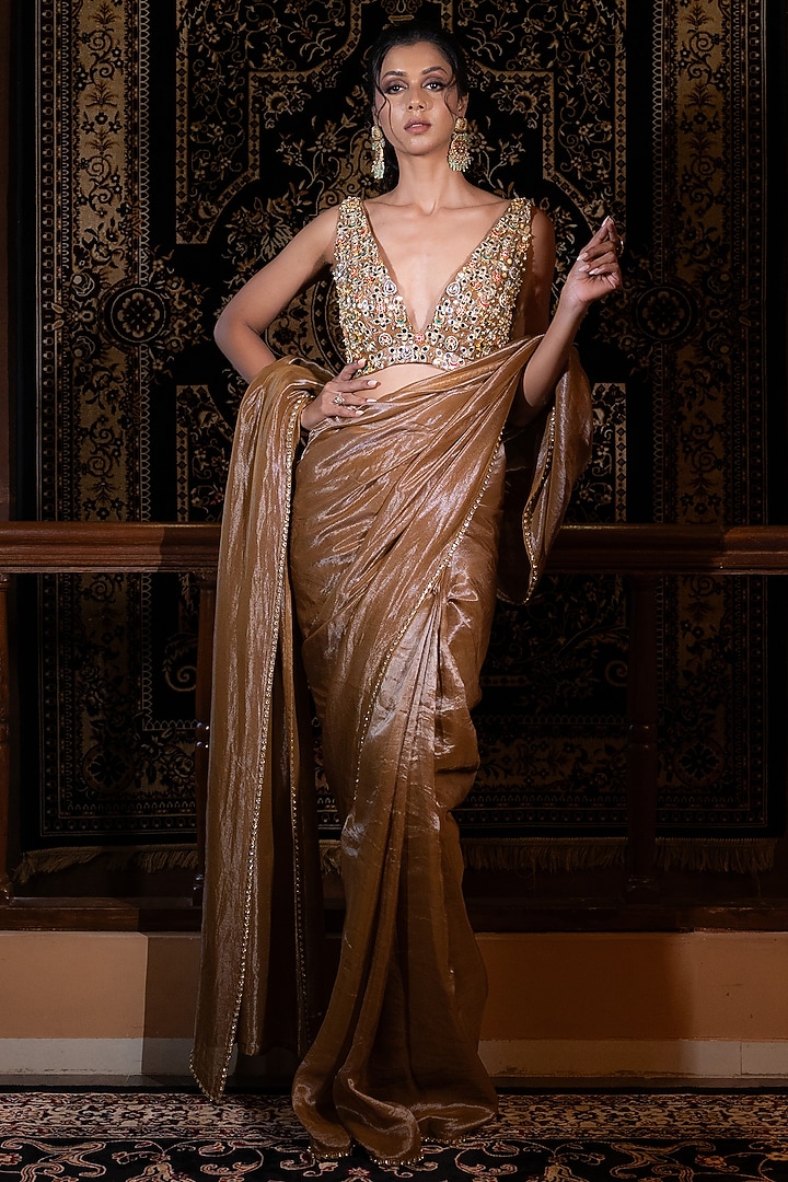 Bronze Tissue Wedding Saree Set by VANA ETHNICS at Pernia's Pop Up Shop