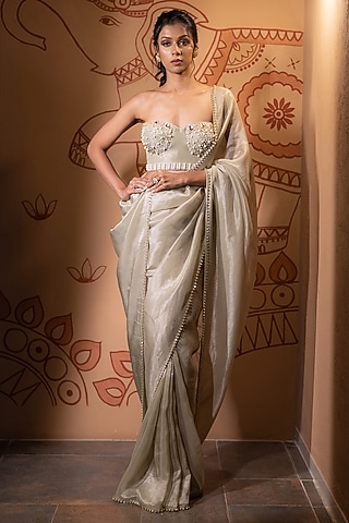 Pastel Green Tissue Saree Set by VANA ETHNICS