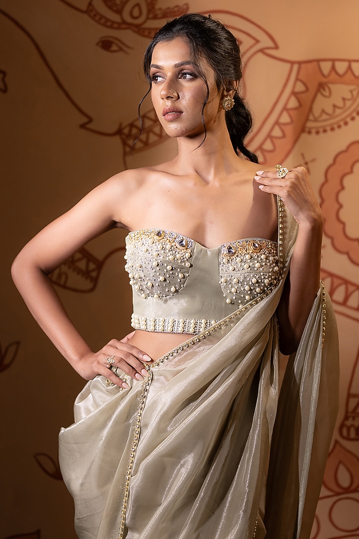 Pastel Green Tissue Wedding Saree Set by VANA ETHNICS at Pernia's Pop Up Shop