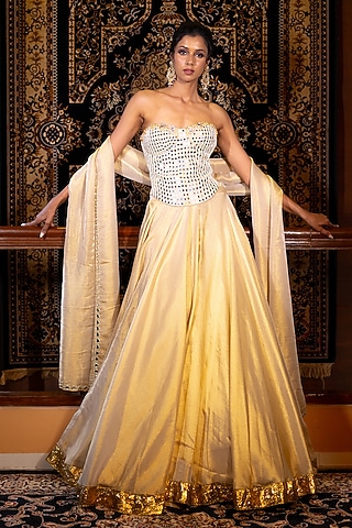 Champagne Gold Tissue Mirror Embellished Lehenga Set by VANA ETHNICS