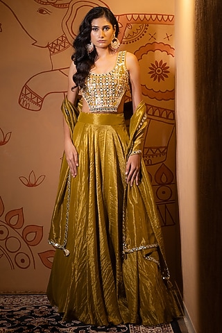 Moss Gold Tissue Mirror Embellished Lehenga Set by VANA ETHNICS