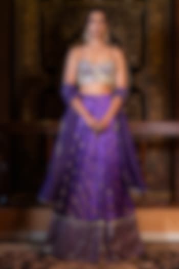 Purple Banarasi Silk Mirror Embellished Wedding Lehenga Set by VANA ETHNICS at Pernia's Pop Up Shop