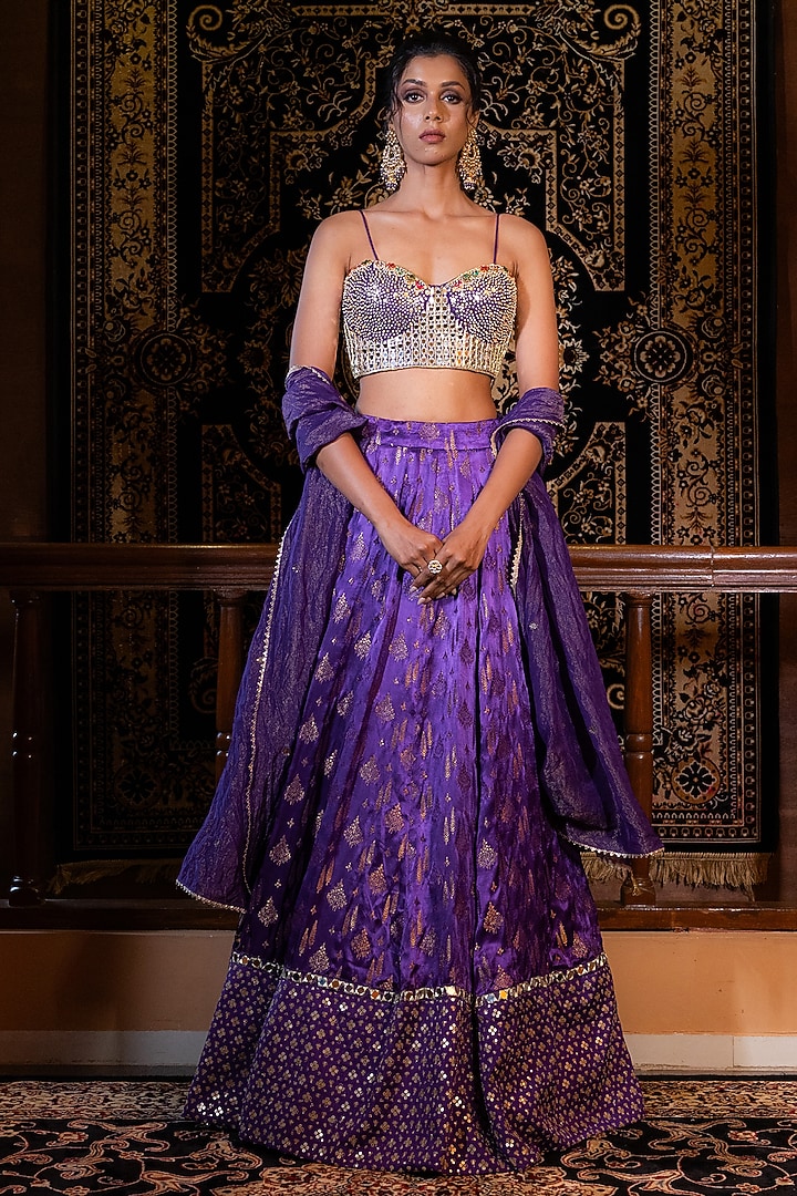Purple Banarasi Silk Mirror Embellished Wedding Lehenga Set by VANA ETHNICS at Pernia's Pop Up Shop