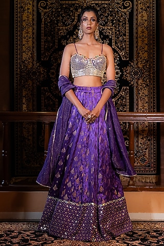 Purple Banarasi Silk Mirror Embellished Lehenga Set by VANA ETHNICS