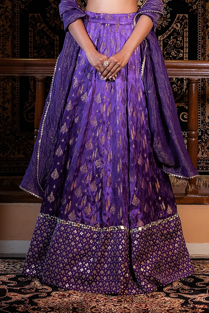 Purple Banarasi Silk Mirror Embellished Wedding Lehenga Set by VANA ETHNICS at Pernia's Pop Up Shop