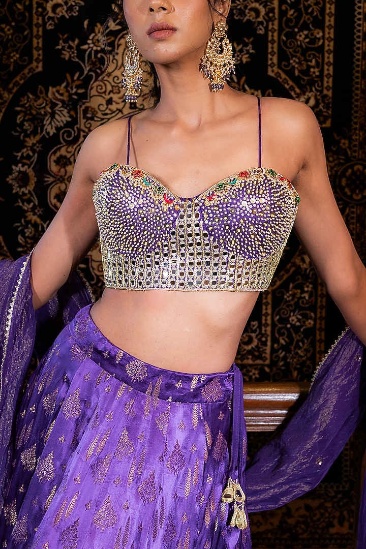 Purple Banarasi Silk Mirror Embellished Wedding Lehenga Set by VANA ETHNICS at Pernia's Pop Up Shop