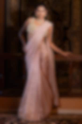 Blush Pink Tissue Mirror Embellished Wedding Saree Set by VANA ETHNICS at Pernia's Pop Up Shop