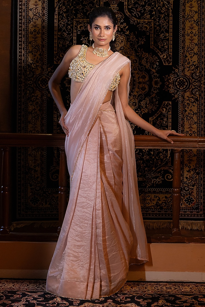 Blush Pink Tissue Mirror Embellished Wedding Saree Set by VANA ETHNICS at Pernia's Pop Up Shop