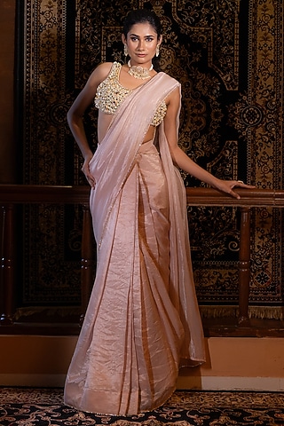 Blush Pink Tissue Mirror Embellished Saree Set by VANA ETHNICS