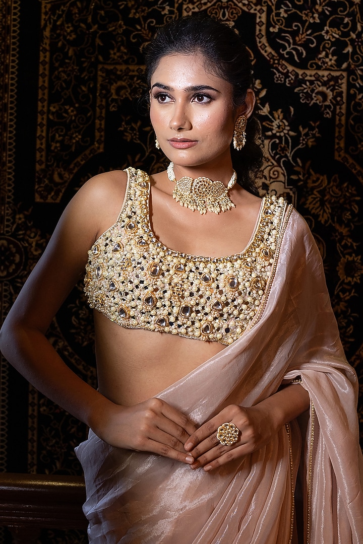 Blush Pink Tissue Mirror Embellished Wedding Saree Set by VANA ETHNICS at Pernia's Pop Up Shop