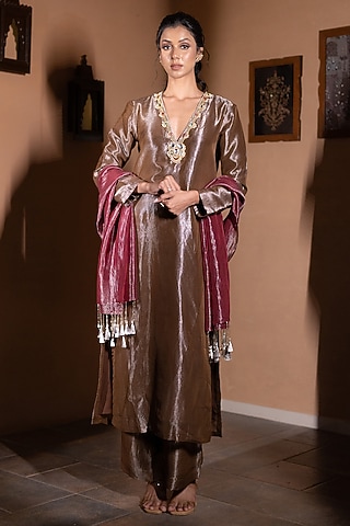 Deep Bronze Tissue Hand Embellished Kurta Set by VANA ETHNICS
