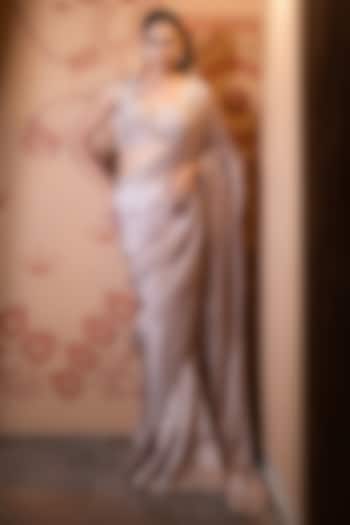 Champagne Tissue Pearl Embellished Wedding Saree Set by VANA ETHNICS at Pernia's Pop Up Shop