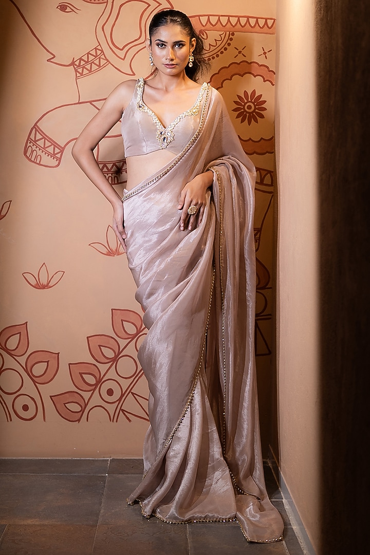 Champagne Tissue Pearl Embellished Wedding Saree Set by VANA ETHNICS at Pernia's Pop Up Shop
