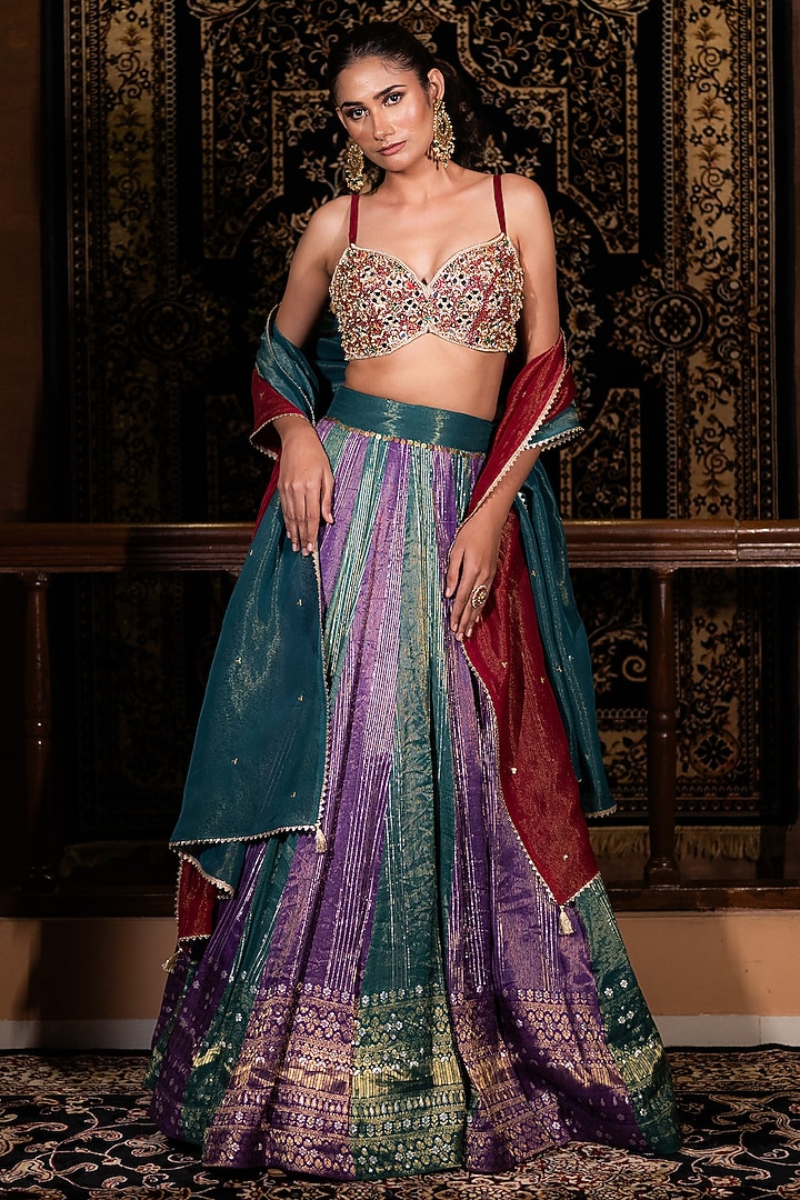 Multi-Colored Banarasi Silk Mirror Embellished Wedding Lehenga Set by VANA ETHNICS at Pernia's Pop Up Shop