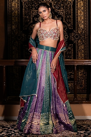Multi-Colored Banarasi Silk Mirror Embellished Lehenga Set by VANA ETHNICS