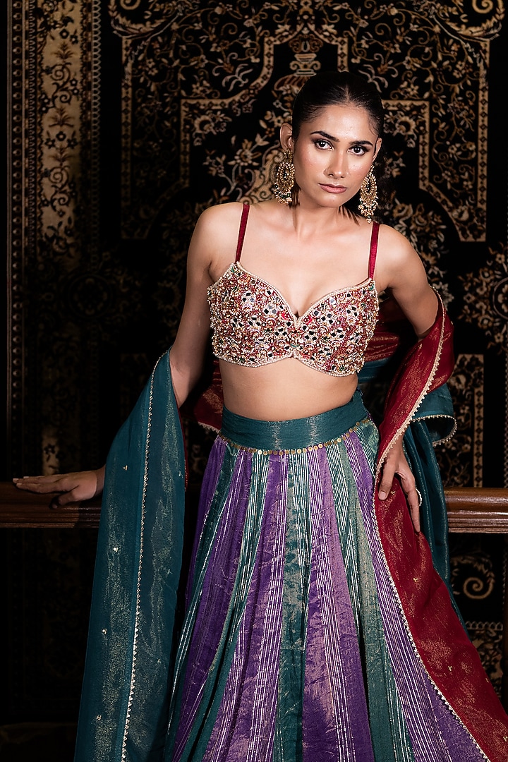 Multi-Colored Banarasi Silk Mirror Embellished Wedding Lehenga Set by VANA ETHNICS at Pernia's Pop Up Shop