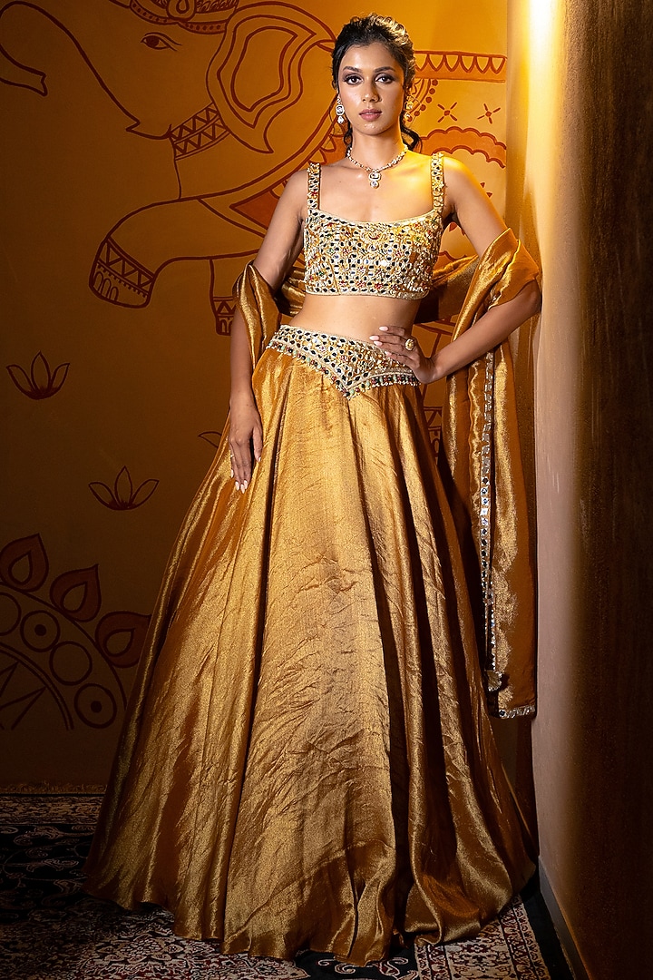 Antique Gold Tissue Mirror Embroidered Wedding Lehenga Set by VANA ETHNICS at Pernia's Pop Up Shop