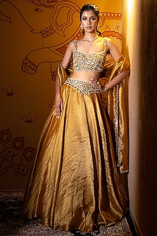 Antique Gold Tissue Mirror Embroidered Lehenga Set by VANA ETHNICS