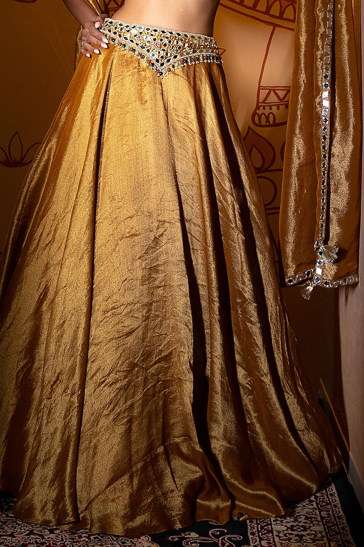 Antique Gold Tissue Mirror Embroidered Wedding Lehenga Set by VANA ETHNICS at Pernia's Pop Up Shop