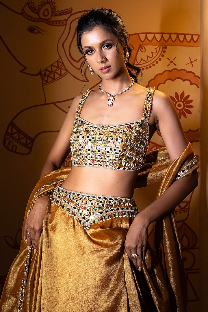Antique Gold Tissue Mirror Embroidered Wedding Lehenga Set by VANA ETHNICS at Pernia's Pop Up Shop