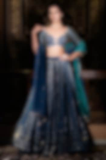 Midnight Teal Banarasi Sequins Embellished Wedding Lehenga Set by VANA ETHNICS at Pernia's Pop Up Shop