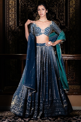 Midnight Teal Banarasi Sequins Embellished Lehenga Set by VANA ETHNICS