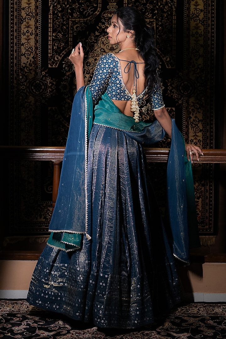 Midnight Teal Banarasi Sequins Embellished Wedding Lehenga Set by VANA ETHNICS at Pernia's Pop Up Shop