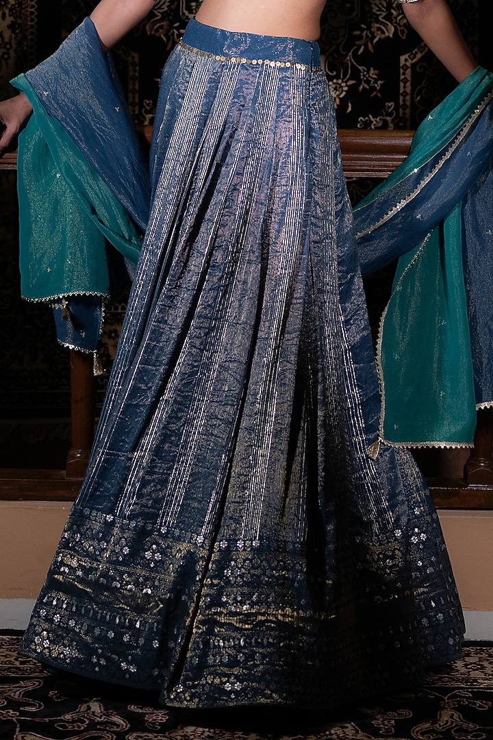 Midnight Teal Banarasi Sequins Embellished Wedding Lehenga Set by VANA ETHNICS at Pernia's Pop Up Shop