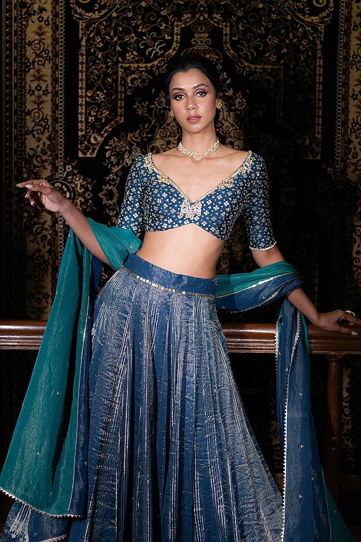 Midnight Teal Banarasi Sequins Embellished Wedding Lehenga Set by VANA ETHNICS at Pernia's Pop Up Shop