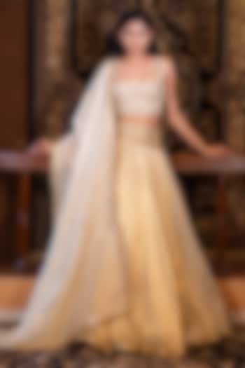 Ivory & Gold Flat Silk Zardosi Embroidered Wedding Lehenga Set by VANA ETHNICS at Pernia's Pop Up Shop