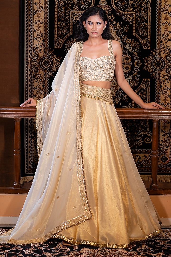 Ivory & Gold Flat Silk Zardosi Embroidered Wedding Lehenga Set by VANA ETHNICS at Pernia's Pop Up Shop