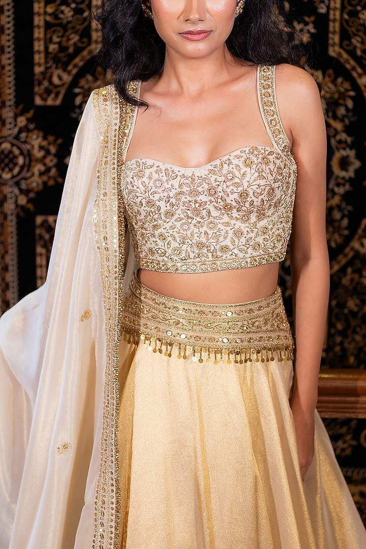 Ivory & Gold Flat Silk Zardosi Embroidered Wedding Lehenga Set by VANA ETHNICS at Pernia's Pop Up Shop