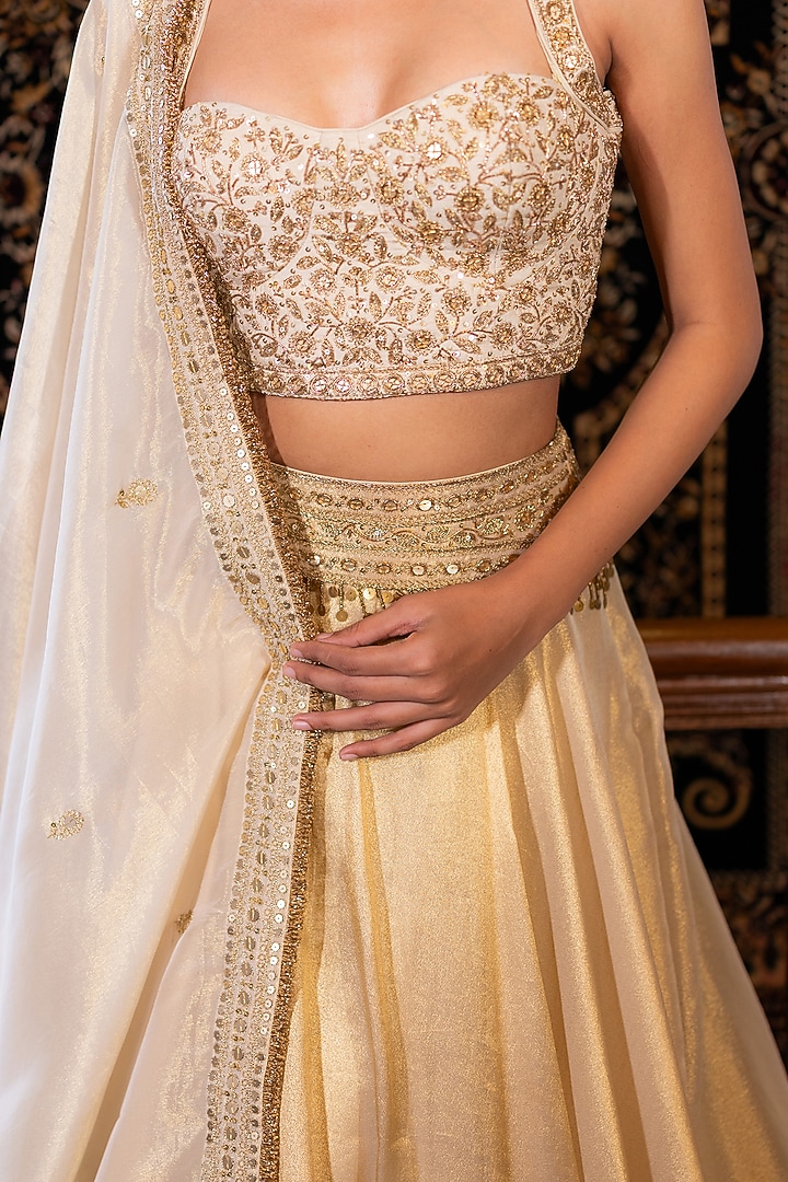 Ivory & Gold Flat Silk Zardosi Embroidered Wedding Lehenga Set by VANA ETHNICS at Pernia's Pop Up Shop