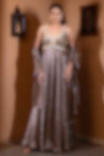 Bronze Tissue Embellished Flared Engagement Gown With Dupatta & Pants by VANA ETHNICS at Pernia's Pop Up Shop