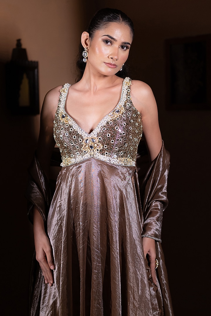 Bronze Tissue Embellished Flared Engagement Gown With Dupatta & Pants by VANA ETHNICS at Pernia's Pop Up Shop