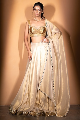 Ivory Gold Tissue Sequins Work Lehenga Set by VANA ETHNICS