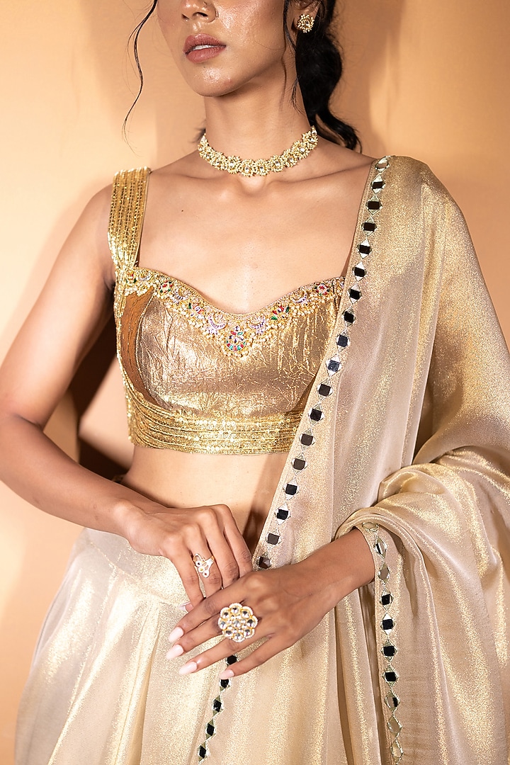 Ivory Gold Tissue Sequins Work Wedding Lehenga Set by VANA ETHNICS at Pernia's Pop Up Shop