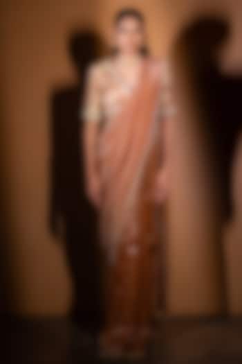 Rose Gold Tissue & Silk Zardosi Embroidered Wedding Saree Set by VANA ETHNICS at Pernia's Pop Up Shop