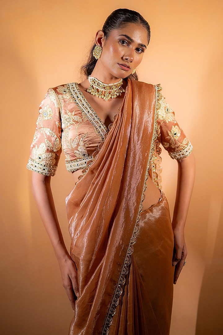 Rose Gold Tissue & Silk Zardosi Embroidered Wedding Saree Set by VANA ETHNICS at Pernia's Pop Up Shop