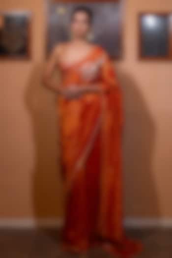 Rust Tissue Floral Embroidered Wedding Saree Set by VANA ETHNICS at Pernia's Pop Up Shop