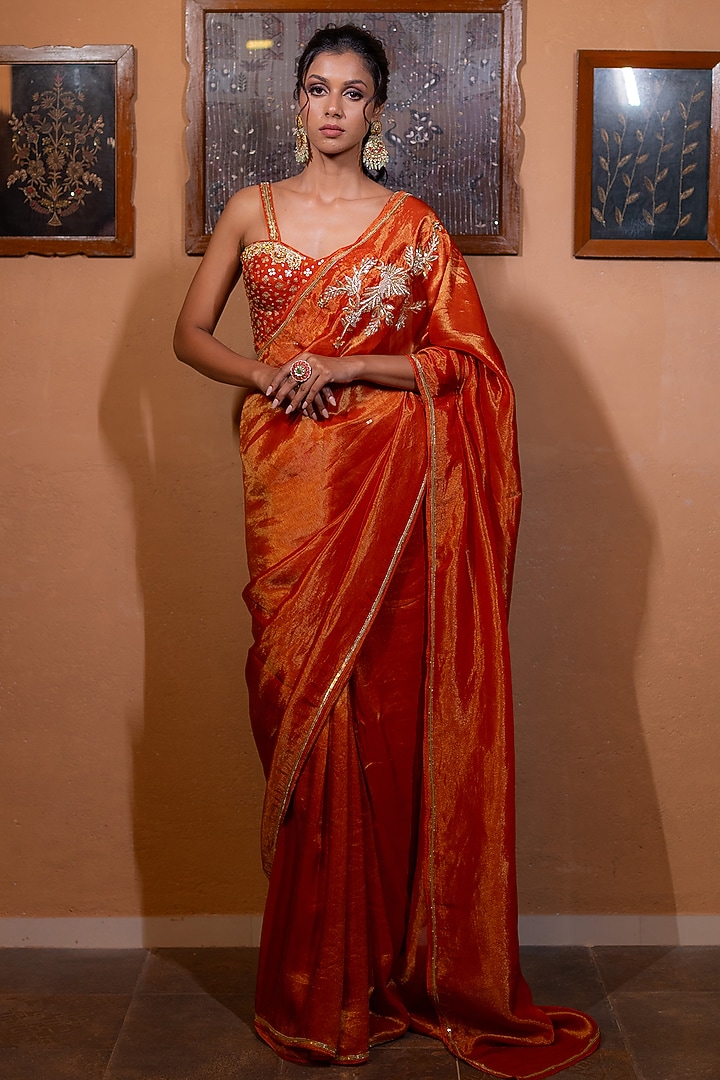 Rust Tissue Floral Embroidered Wedding Saree Set by VANA ETHNICS at Pernia's Pop Up Shop
