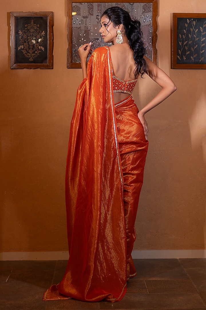Rust Tissue Floral Embroidered Wedding Saree Set by VANA ETHNICS at Pernia's Pop Up Shop