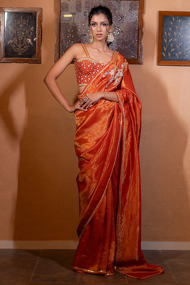 Rust Tissue Floral Embroidered Wedding Saree Set by VANA ETHNICS at Pernia's Pop Up Shop