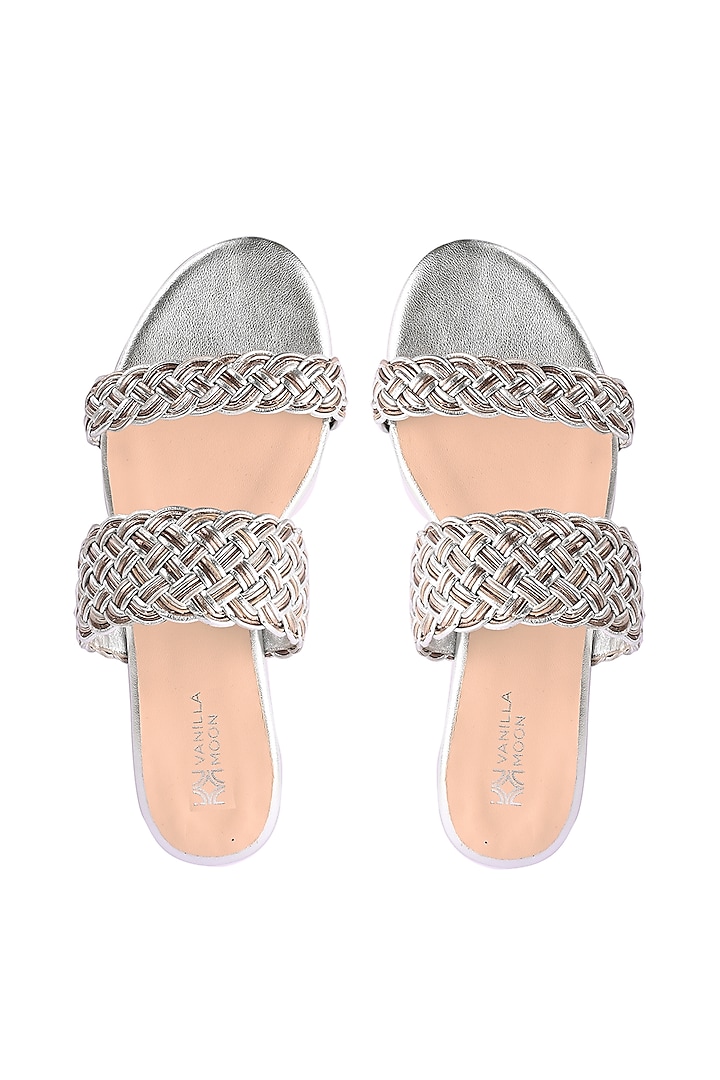 Silver Leather Handwoven Dual Strapped Slip-Ons by VANILLA MOON