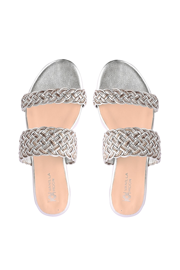 Silver Leather Handwoven Dual Strapped Slip-Ons by VANILLA MOON at Pernia's Pop Up Shop