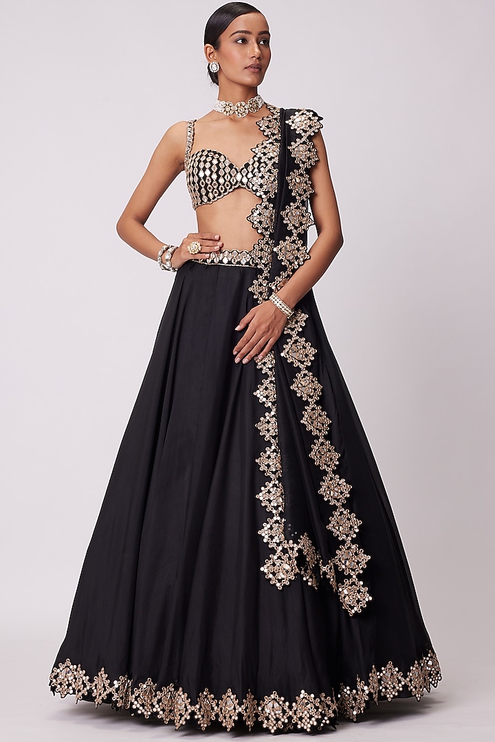 Black Organza Mirror Embroidered Lehenga Set by Vvani by Vani Vats