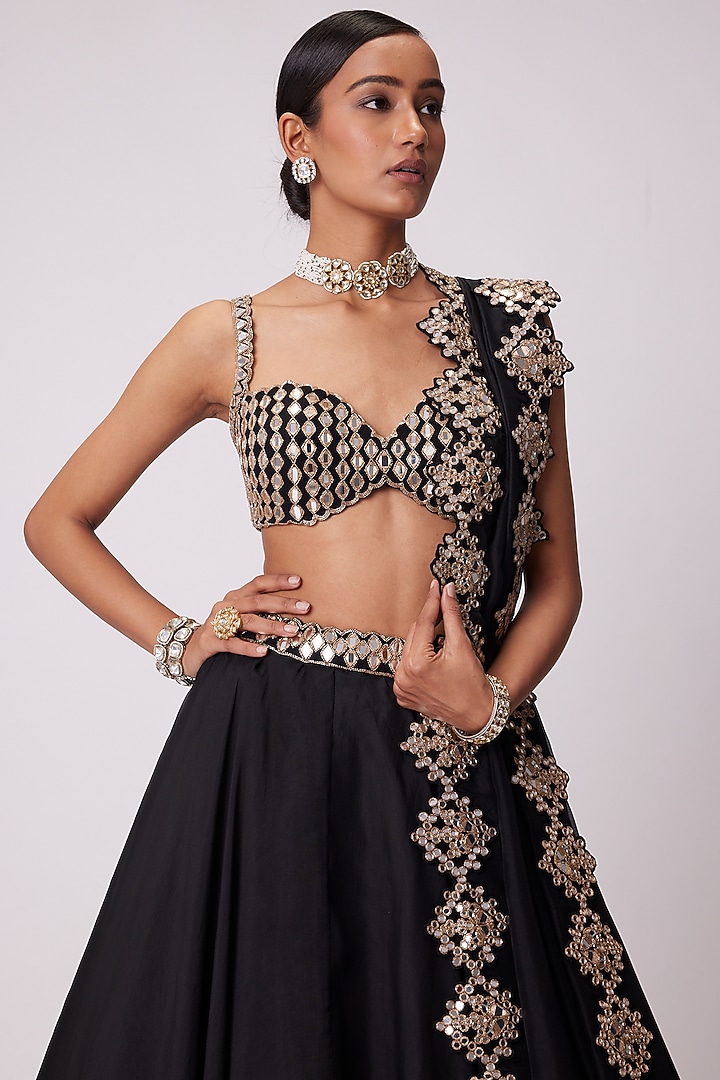 Black Organza Mirror Embroidered Wedding Lehenga Set by Vvani by Vani Vats at Pernia's Pop Up Shop