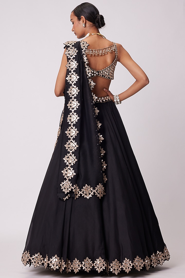 Black Organza Mirror Embroidered Wedding Lehenga Set by Vvani by Vani Vats at Pernia's Pop Up Shop