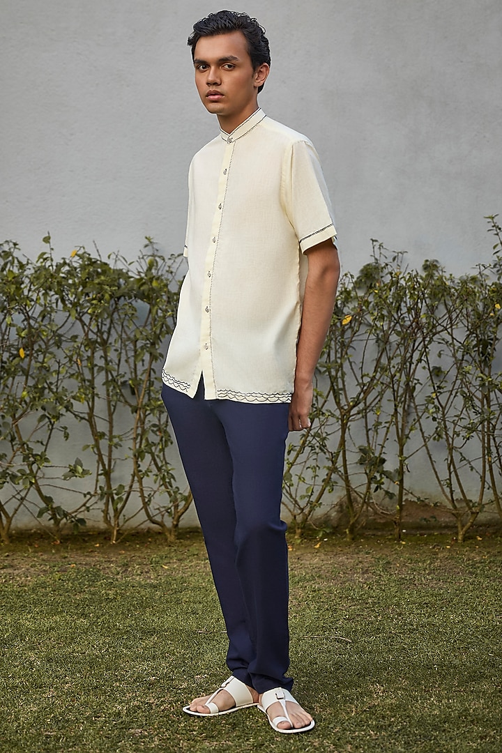 Ivory Handwoven Cotton Hand Embroidered Party Wear Shirt by VAANI BESWAL MEN at Pernia's Pop Up Shop